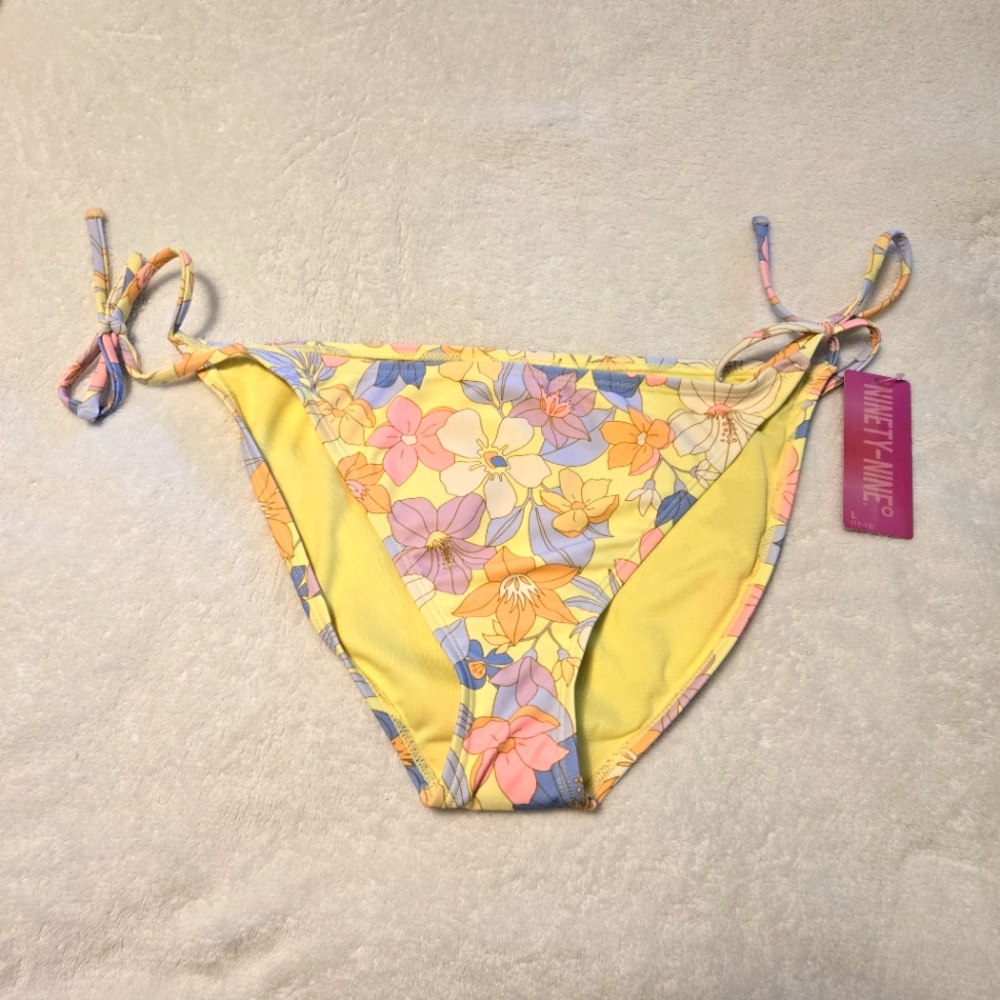 Ninety-Nine Juniors New Yellow Floral Waikiki Side Tie Hipster Swim Bottoms L
